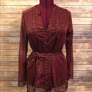 Converse Sheer Printed V Neck Button Down Blouse
